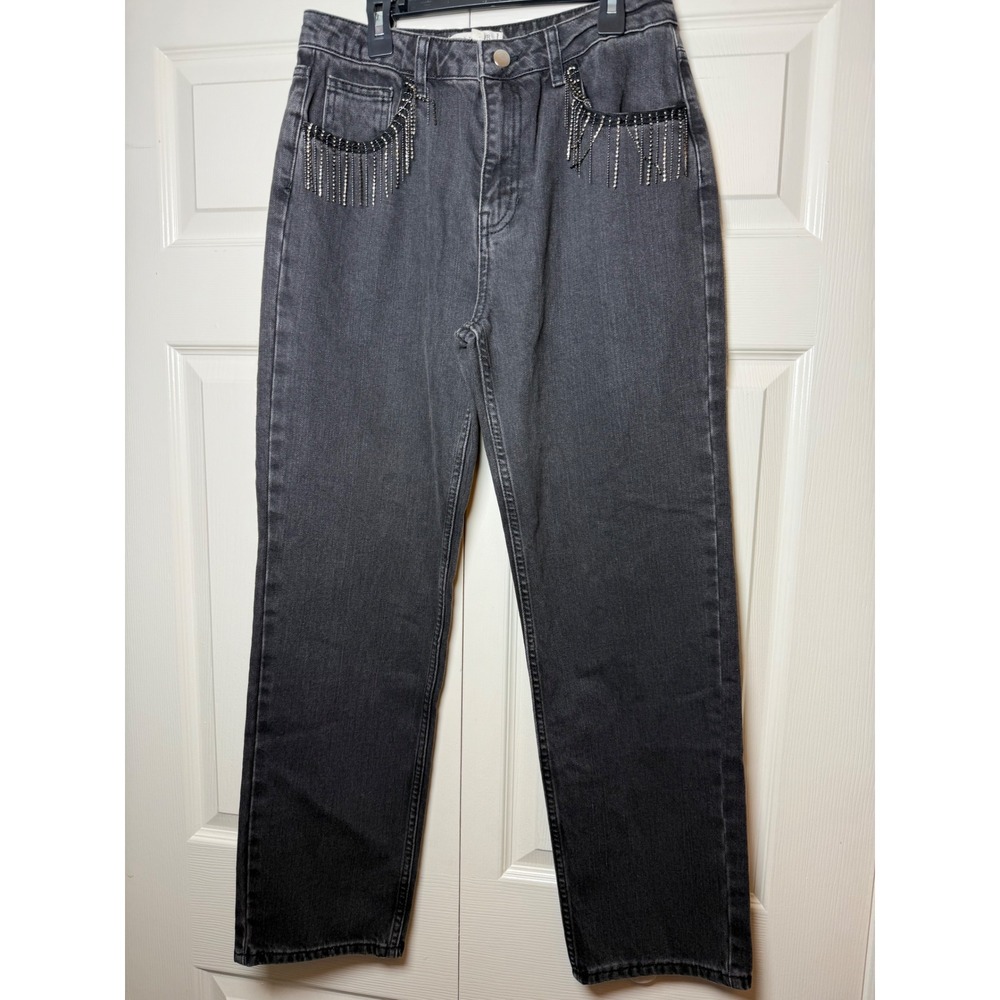 Harper Heritage Francesca's Rhinestone Fringe Straight‎ Leg Jeans Black Size 28